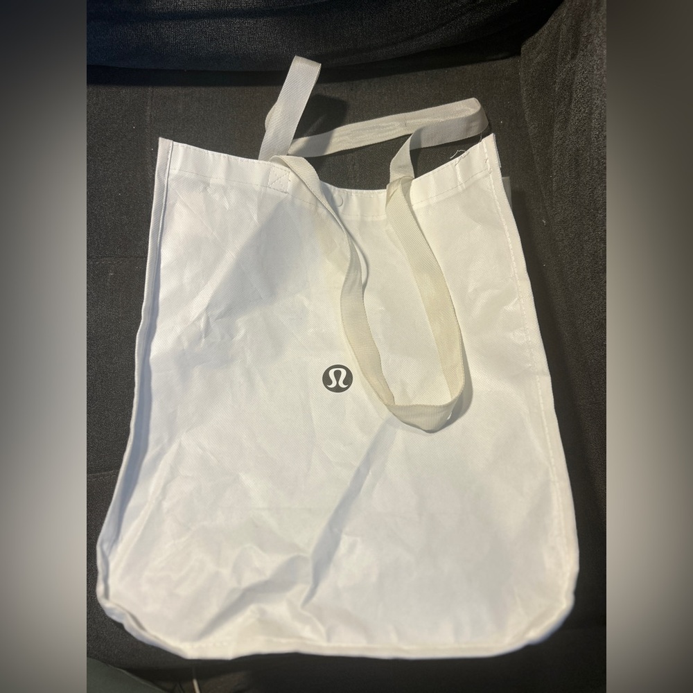Lululemon Reusable Shopping Tote Bag White Black Logo Snap Closure Small Medium